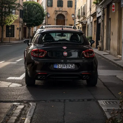 Fiat Bravo 198, three-quarter shot, black and chrome headlights, miniskirt, minispoiler, metallic burgundy colored car, burnished alloy wheels, tinted rear windows, parked in the center of Siena