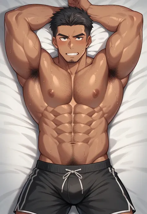 *muscular man is in his body, he is up and shirtless, only in black shorts, he raises his arm and shows his stinky armpit, very very very hairy, they also have a lot of hair on their chest and armpits, muscular arms and a sweaty body, black hair, their roo...