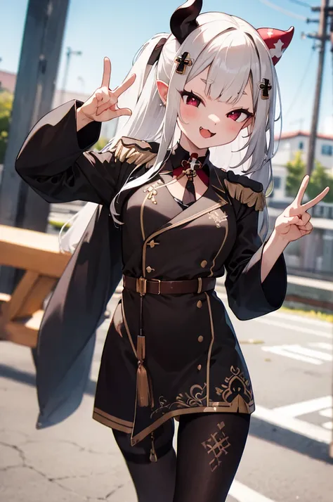 masterpiece, best quality, highres, hmnaa, hair ornament, mask on head, long sleeves, wide sleeves, epaulettes, (((black pantyhose))), thigh strap, bell, cowboy shot, fang, outdoors, peace sign,