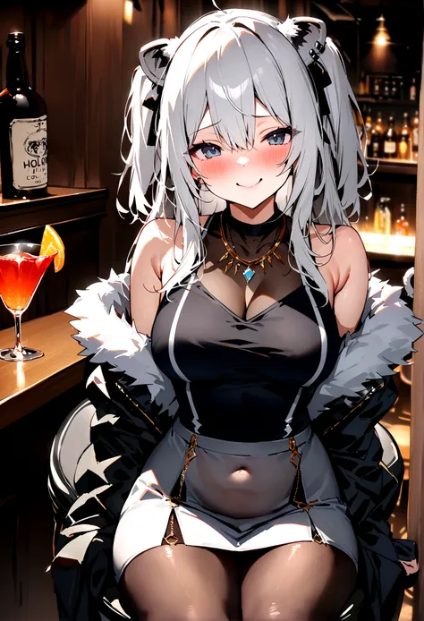 NSFW,masterpiece,Highest quality,High resolution,Super detailed,Shishirabotan(Hololive),Long Hair、Two Side Up、Earrings、Lion&#39;s Tail,necklace、Black Shirt、Sleeveless shirt、abdomen、See-through、Grey Skirt、片足pantyhose、pantyhose、fur-trimmed jacket、Black jacke...