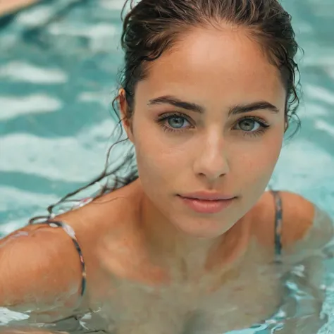 portrait réaliste d’une femme de 21 ans latine , yeux bleues avec des formes et cheveux longs qui est au bord de la piscine