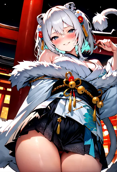 NSFW,masterpiece,Highest quality,High resolution,Super detailed,Shishirabotan(Hololive),Double Odango、flower、Side Lock、Lions tail、White kimono、Off the shoulder、fur ornament、Black Hakama、Short skirt,Bad smile,blush,Shrine at night,torii,Sexy pose,(Seduce)