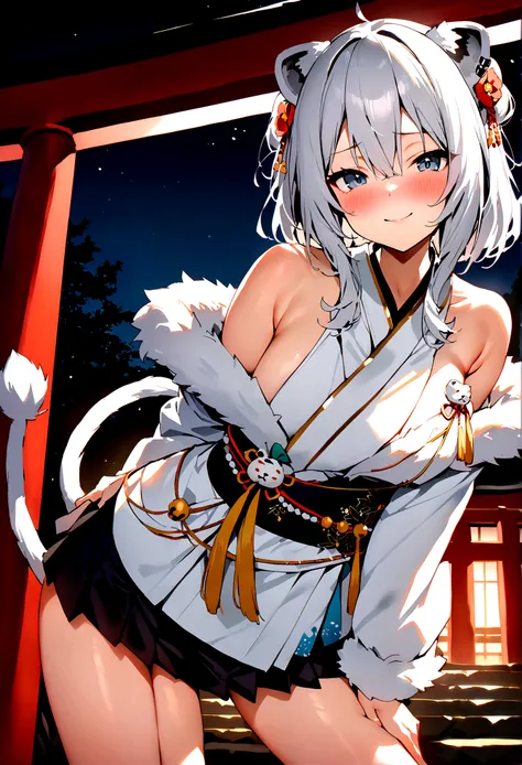 NSFW,masterpiece,Highest quality,High resolution,Super detailed,Shishirabotan(Hololive),Double Odango、flower、Side Lock、Lions tail、White kimono、Off the shoulder、fur ornament、Black Hakama、Short skirt,Bad smile,blush,Shrine at night,torii,Sexy pose,(Seduce)