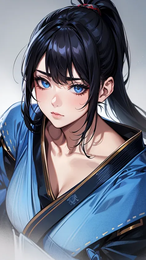 Highest quality, Ultra-high resolution, (Realistic: 1.4), beautiful Eyes, Super beautiful, beautiful, One person、Warrior, Japanese style Blue tones、(Black Hair、ponytail),, beautiful Soldier, Eyes that beckon, Droopy eyeistress&#39;s point of view, Attracti...