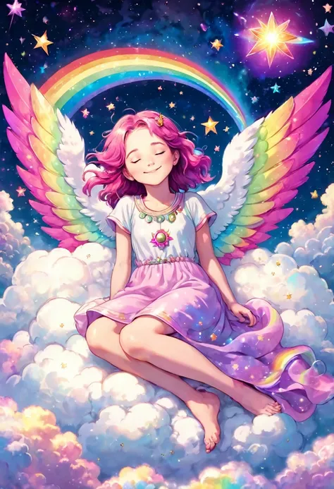 A girl sleeping happily on a fluffy cloud in outer space, the chakra above her head shining magenta, the light of memories above her head reminiscing like a cloud, happy memories, the Milky Way, pastel rainbow colored wings. , shooting star, fine pearl lig...