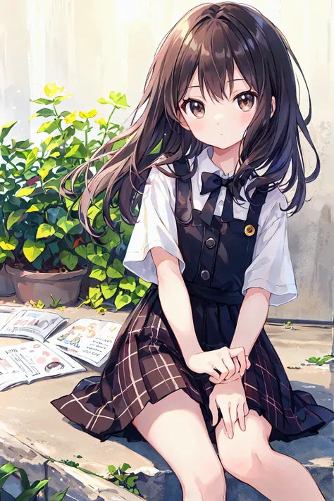 (child)，Highest quality，Beautiful face in every detail，cute，Dark brown eyes，(背の低いcute女の子，Little young student，Young and delicate girl）,（masterpiece，Highest quality)，Black Hair，Sleepy look，Short sleeve white shirt，Plaid white skirt