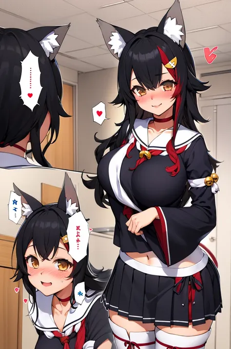 miosha1, hair ornament, wolf tail, red choker, black shirt, sailor collar, detached sleeves, black skirt, pleated skirt, white thighhighs, midriff, bell, rope,indoor,smile,looking viewer,standing,huge breasts,,(spoken heart),blush,