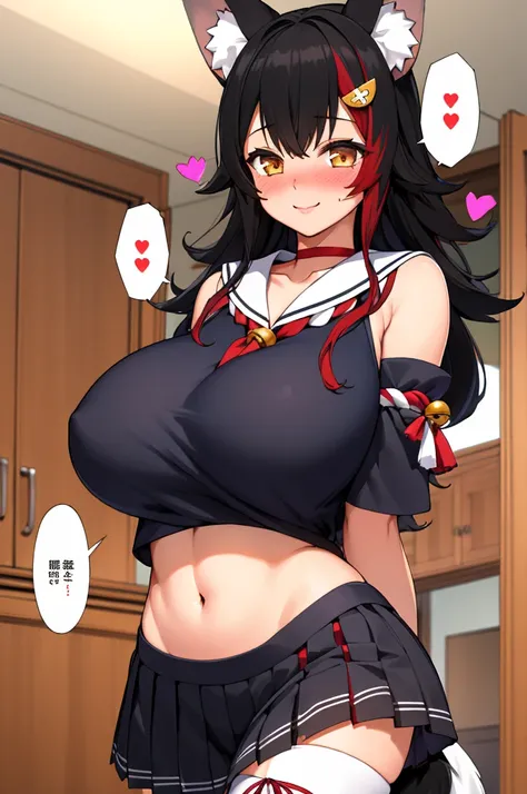 miosha1, hair ornament, wolf tail, red choker, black shirt, sailor collar, detached sleeves, black skirt, pleated skirt, white thighhighs, midriff, bell, rope,indoor,smile,looking viewer,standing,huge breasts,,(spoken heart),blush,cleavage