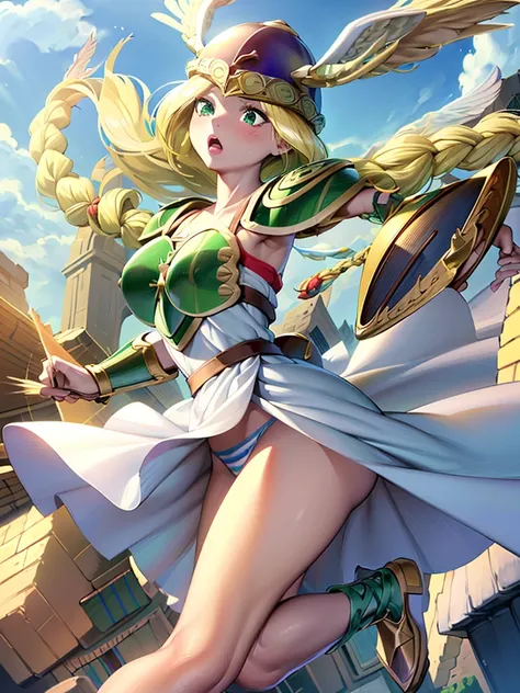 masterpiece,best quality, 1girl, 18yo, beautiful girl,BREAK,(Armor:1.8),(Helmet with wings:1.7),(Beautiful blonde,braid,Green Eyes:1.5),BREAK,(White Dress,Blue and white striped panties:1.4),BREAK,(naughty face, naughty:1.3), (blue sky:1.2),(Running on clo...