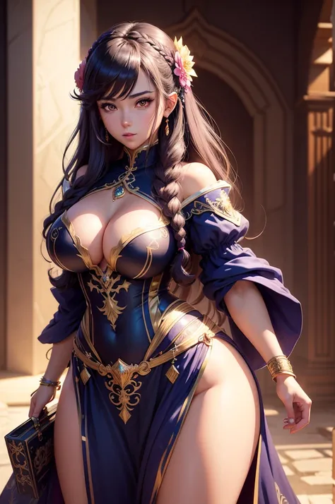 a beautiful anime girl with a large chest and wide hips, extremely detailed face and body, beautiful eyes, shiny skin, intricate hairstyle, detailed clothing, scene in a colorful fantasy landscape, cinematic lighting, vibrant colors, photorealistic, highly...