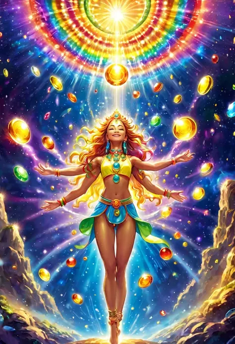 Coins are raining down from the galaxy and people rejoice, peoples chakras are shining, in joy, soul light, golden, rainbow light, perfect illumination