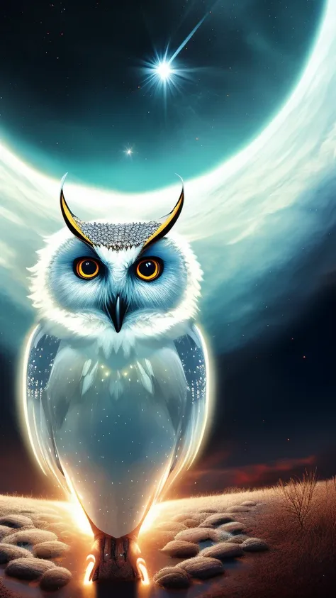 a white owl looking into space, dream-like, sparkle, bewitched, volumetric light, ultra hd, beautiful fantasy art