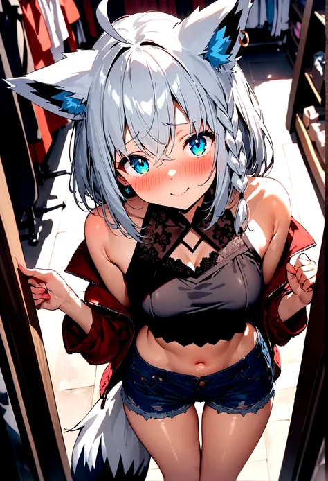 NSFW,masterpiece,Highest quality,High resolution,Super detailed,Shirakami Fubuki(Hololive),Gray Hair、One-sided braid、Ahoge、Earrings,Fox ears,Fox tail,Jacket,Crop top shirt,Denim shorts,Embarrassed,blush,Expecting face,Bewitching Smile,Shy smile,Lingerie Sh...