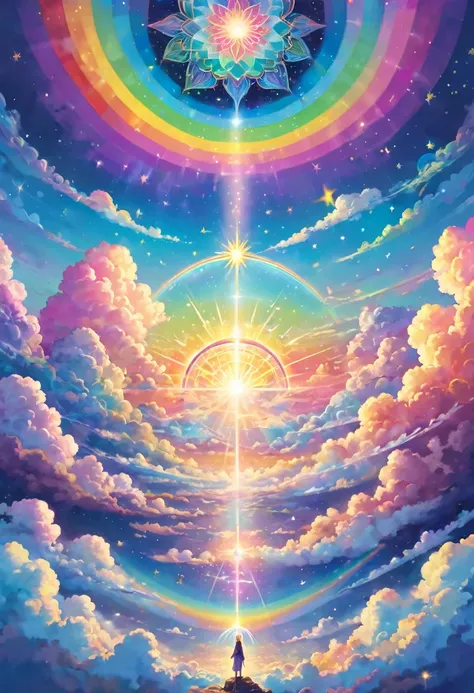 Integration of souls, above the clouds, pastel colored light, two becoming one, mandala, mysterious world, shooting star, rainbow colored light