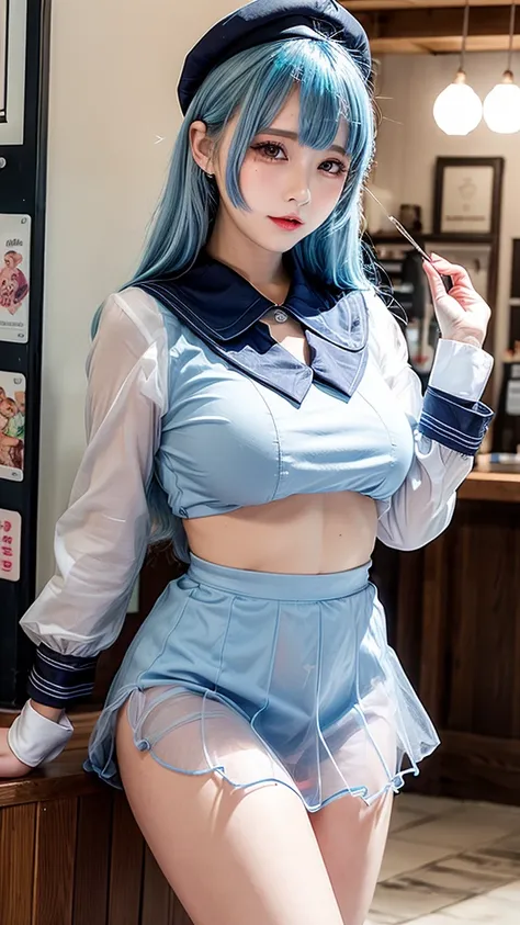 See-through sailor suit、Transparent nipples、Big Tits、Sheer skirt、Coffee shop、Cafe staff、Light blue hair