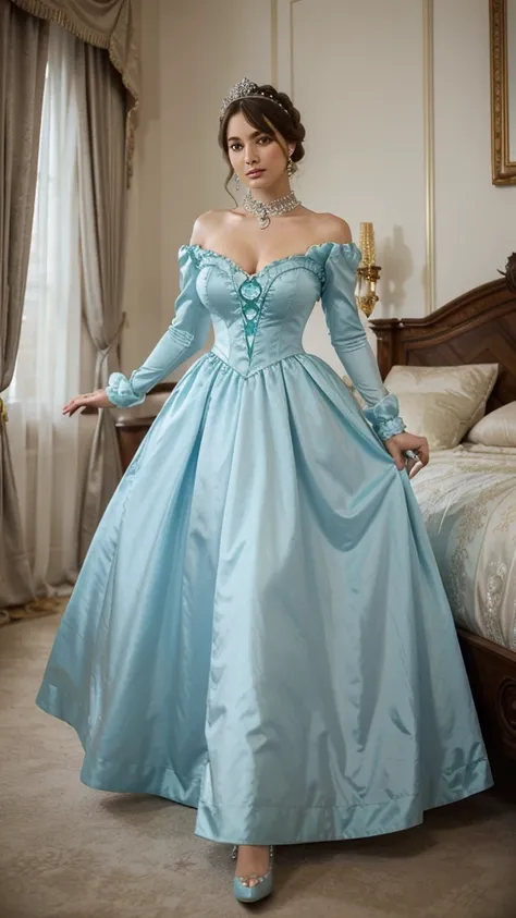 There stands a woman in a light blue-green satin Quinceanrra dress with long sleeves and gloves in front of a bed, turquoise dress, Anime Princess, lovely, lazy princess, long dress, lovely weibliche Prinzessin, lovely Prinzessin, elegantes glamouröses Cos...