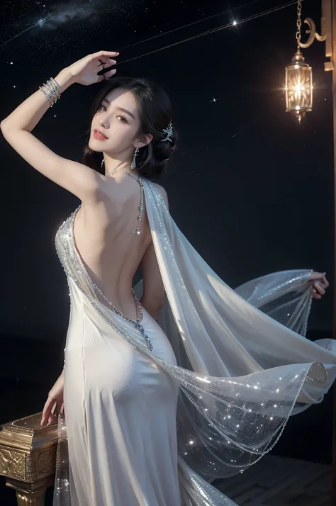 (((best quality))),(((ultra detailed))),(((masterpiece))),illustration,((A beautiful female astrologer,solo)),((slim,thin)),((bare back,towering hips,butt crack)),((shoulder length straight bob hair)),(laughing:1.2),(earrings,necklace),(sparkled sheer dres...