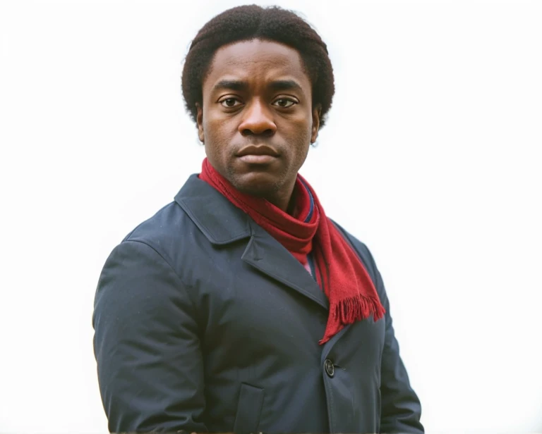 Yaphet Kotto Look alike wearing red scarf and Navy Blue Pea Coat.p looking straight at the me