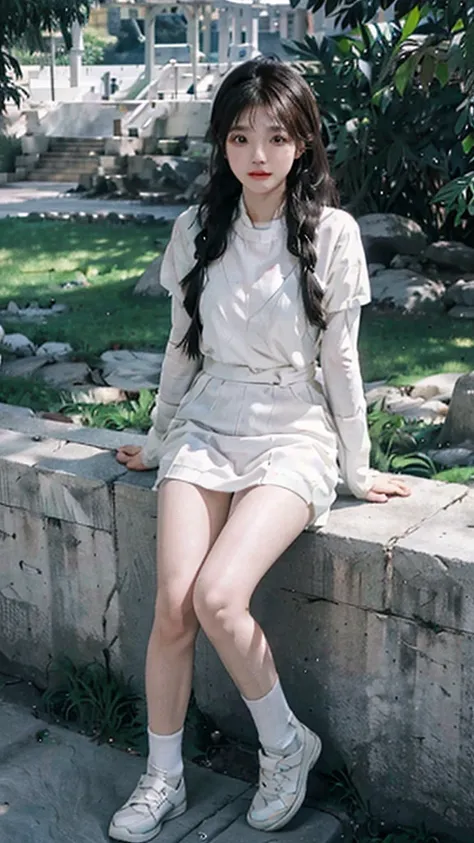 少女穿着长款White短袖，Bare legs，White运动鞋，With two braids，Calf socks，White，Close-up of a girl posing in the park，Full body close-up，Standing posture