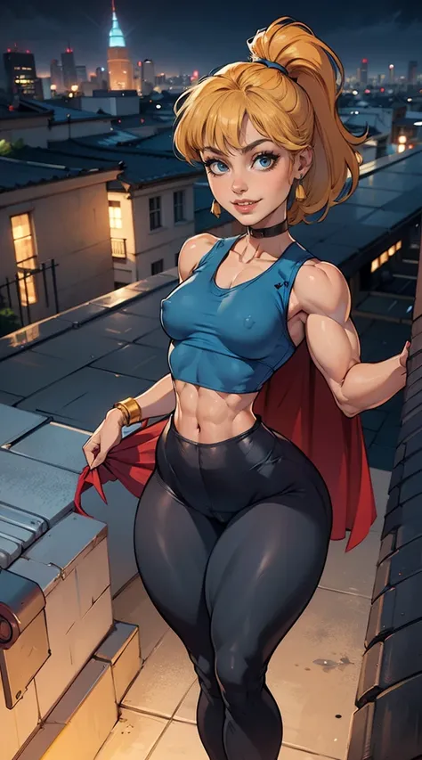 (Muscular:1.9), (thick thighs:1.8),
(blonde female), (supergirl:1.5), (big smile:1.7), (blunt bangs), (ponytail:0.8),
earrings, lipstick, eyeshadow,
(hard nipples), (small breasts:2),
(blue sleeveless tanktop, midriff, yoga pants:1.9), (small cape:1.3), (c...