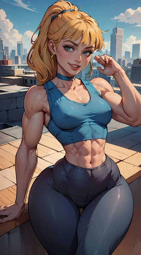 (Muscular:1.9), (thick thighs:1.8),
(blonde female), (supergirl:1.5), (big smile:1.7), (blunt bangs), (ponytail:0.8),
earrings, lipstick, eyeshadow,
(hard nipples), (small breasts:2),
(blue sleeveless tanktop, midriff, yoga pants:1.9), (small cape:1.3), (c...