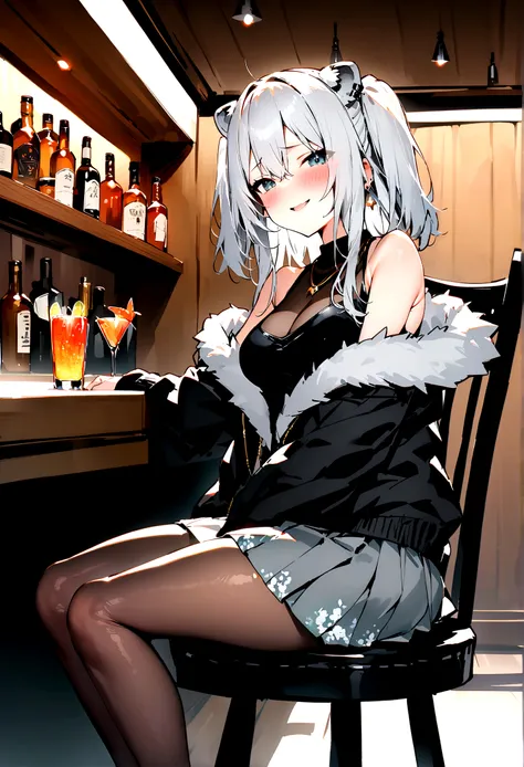 NSFW,masterpiece,Highest quality,High resolution,Super detailed,Shishirabotan(Hololive),Long Hair、Two Side Up、Earrings、Lion&#39;s Tail,necklace、Black Shirt、Sleeveless shirt、abdomen、See-through、Grey Skirt、片足pantyhose、pantyhose、fur-trimmed jacket、Black jacke...