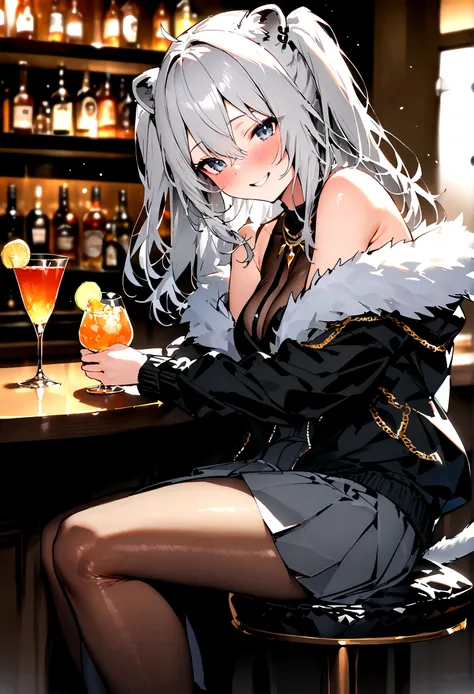 NSFW,masterpiece,Highest quality,High resolution,Super detailed,Shishirabotan(Hololive),Long Hair、Two Side Up、Earrings、Lion&#39;s Tail,necklace、Black Shirt、Sleeveless shirt、abdomen、See-through、Grey Skirt、片足pantyhose、pantyhose、fur-trimmed jacket、Black jacke...