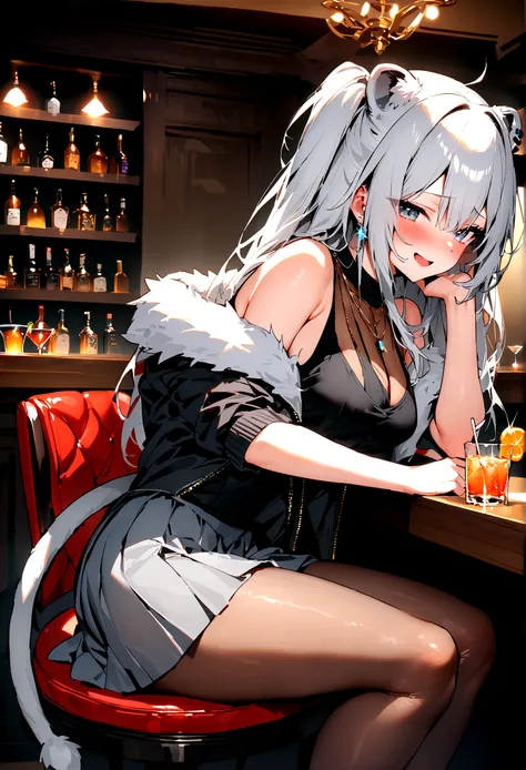 NSFW,masterpiece,Highest quality,High resolution,Super detailed,Shishirabotan(Hololive),Long Hair、Two Side Up、Earrings、Lion&#39;s Tail,necklace、Black Shirt、Sleeveless shirt、abdomen、See-through、Grey Skirt、片足pantyhose、pantyhose、fur-trimmed jacket、Black jacke...