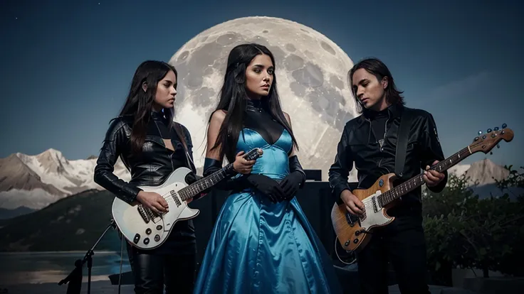 A futuristic rock band with a beautiful female singer are playing music on the moon with Earth on background