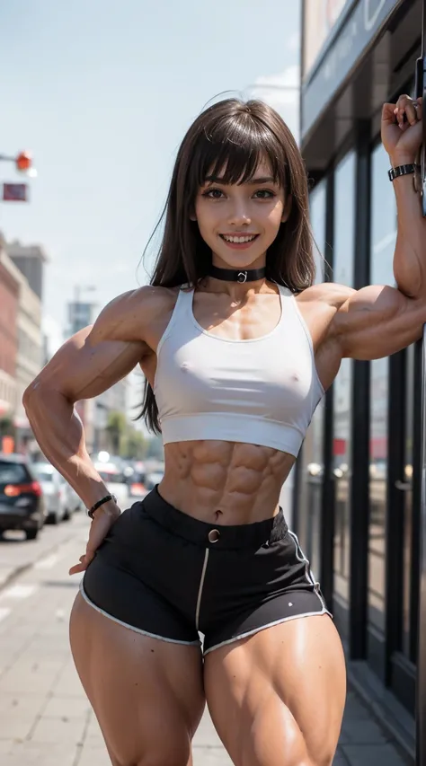 (muscular:2.2), (thick thighs:2.1),
(asian female), (big smile:1.5), (blunt bangs:1.2), (long hair), (adult),
lipstick, eyeshadow,
(hard nipples), (small breasts),
(tanktop, midriff, tight shorts, choker:1.6),
looking at viewer, (three quarter view:1.3), u...