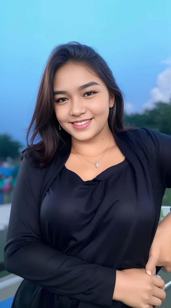 1girl, (Indonesian_high_school), outdoors, detailed face, detailed eyes, huge breasts, thick legs, mini skirt, wide view, shiny skin, looking at the audience, sensual face, flirtatious smile, (8k, RAW photo, best quality, masterpiece: 1.2), (realistic, rea...