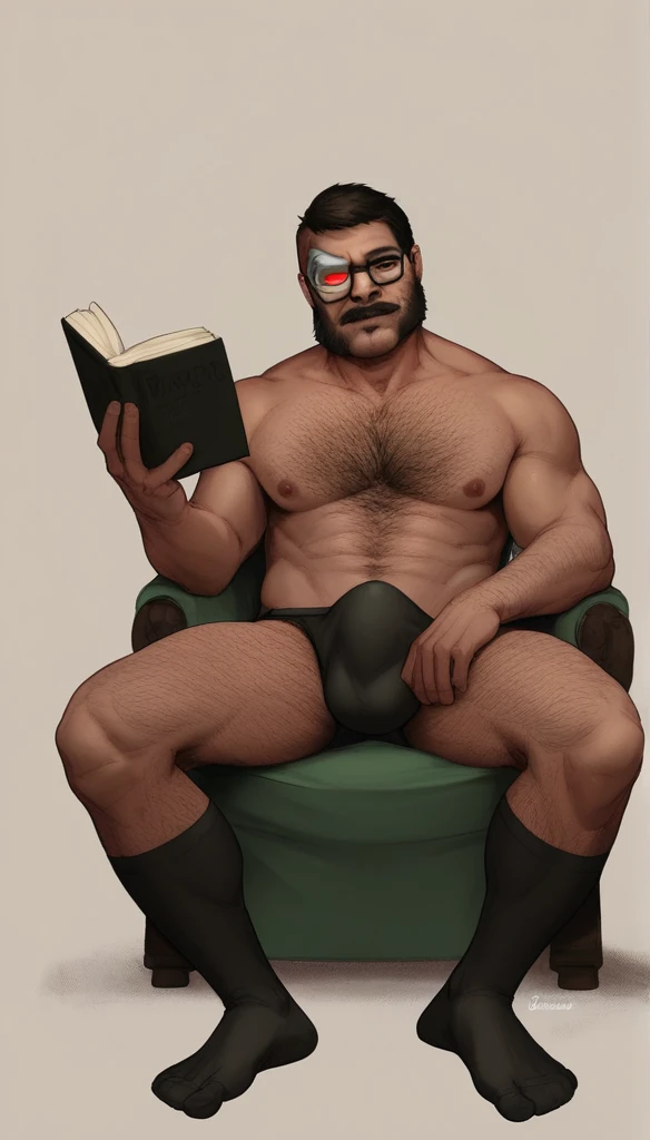 score_9, score_8_up, score_7_up, solo, male focus, mature male,  mkkan0, cybernetic eye, mutton chops, h4rness,  charming, full body shot, fully naked only wearing detailed darkest black black suit socks(socks1.4), mascular legs, hairy chest, hairy body, h...