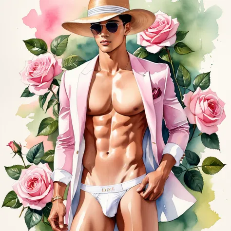 candid fashion illustration of young Mixed race 2man Latino and Japanese male model, both aged 18 year old, ((showcase fashion in white thong underwear only)), the design inspired of David Austin Rose, in elegant chic Hight-fashion style. The man wears whi...