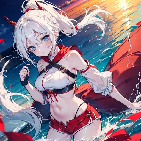 1 girl、Mature、Ample breasts、White Hair、Long Hair、Blue Eyes、ponytail、ハイponytail、Braid、Red costume、Shoulder Bare、Belly button、Shorts、Bewitching lol、evening、Ocean、On the boat、High resolution、Highest quality