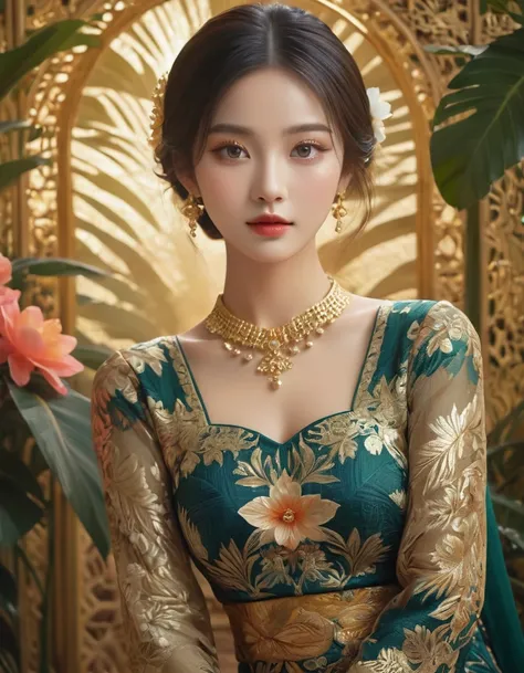 beautiful detailed eyes, beautiful detailed lips, extremely detailed eyes and face, long eyelashes, 1 girl, asian woman, wearing traditional kebaya dress, graceful pose, serene expression, ornate floral pattern, elegant accessories, golden jewelry, lush tr...