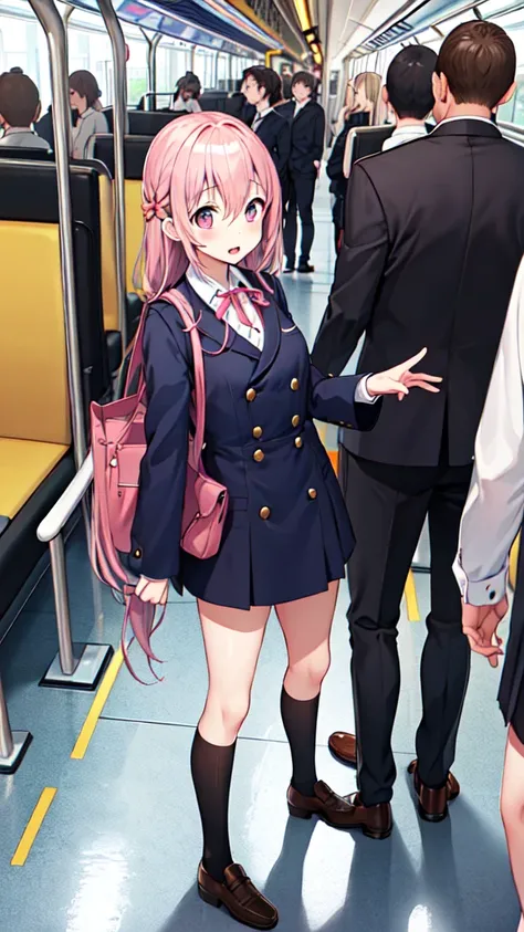 １people girl、uniform、on the train、are standing、