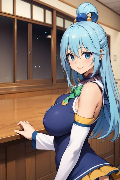 aaaqua, long hair, blue hair, hair rings, hair ornament, choker, bare shoulders, green bow, blue shirt, detached sleeves, blue skirt, thighhighs,indoor,big breasts,looking viewer,smile,