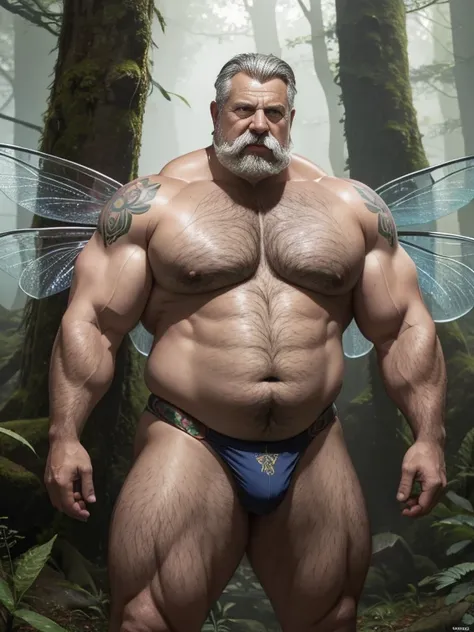 Hyperrealistic image of a Fairy Superhero with symmetrical dragonfly wings on his back, very sweaty, extremely old, over 80 years old, very muscular and fat, over 200 kg, with a naked torso, large flabby pectorals, brown nipples, very long gray hair and la...