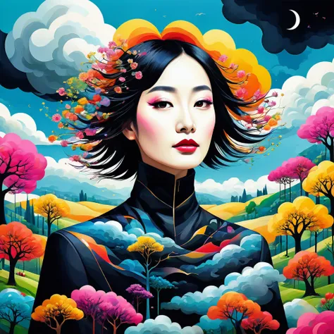 (work of art, best qualityer:1.2),art illustration，portrait of black，often neck，hair through the clouds，Bai Yun，The composition，Sewing，dislocation，trees， multicolor,  , contrasting colours, in the spring landscape, Abstract surreal colors,rich and colorful...