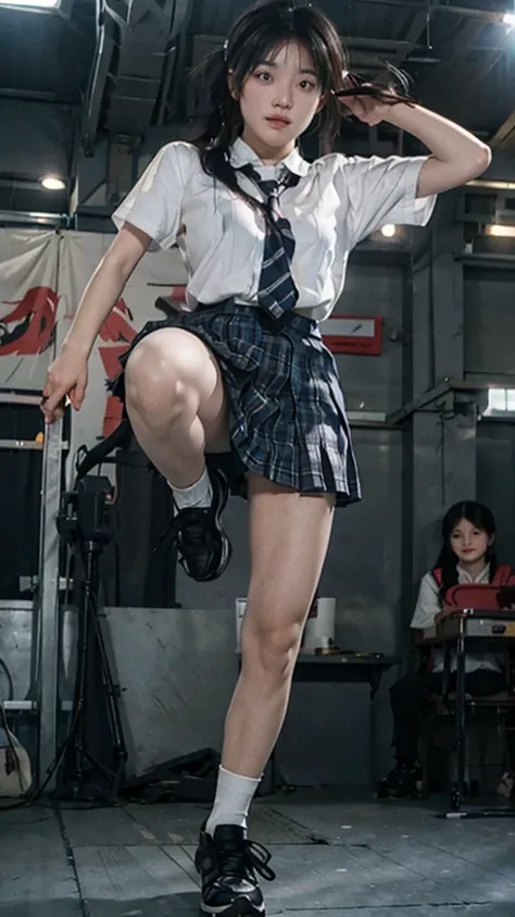 Battlefield Background，Wear a school uniform，Plaid miniskirt，sports shoes，Close-up of a girl with two pigtails kicking her legs in a ruined area，kick kick，high kick，Stand on one foot，high kick，strong leg high kick，Kicking is an action，Facing the audience，b...