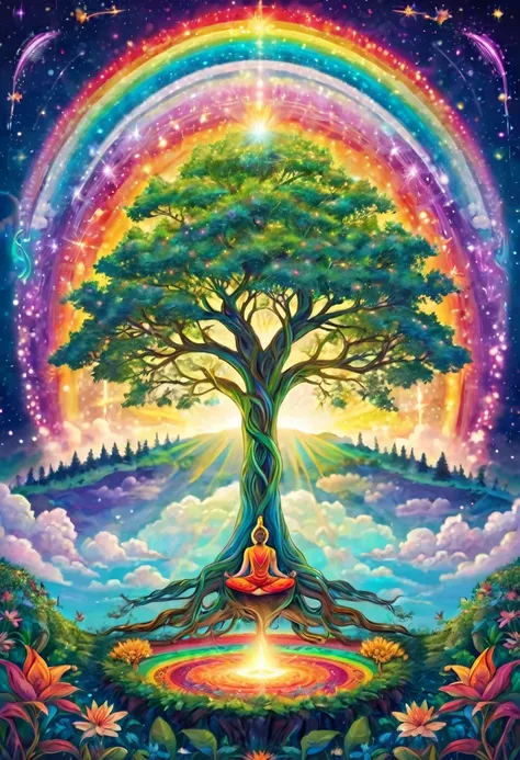 people doing yoga, their legs are the roots of a tree, the roots of the tree are connected to the center of the earth, the first chakra, mandala, above the earth, mystical world, plants, shooting stars, pastel rainbow colors Light of