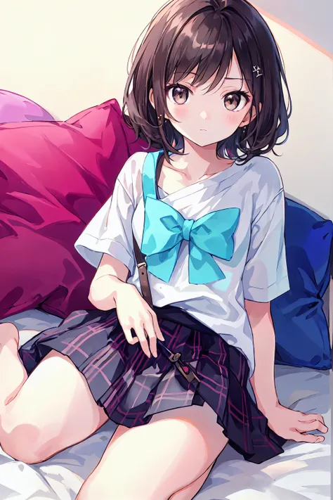 (child)，Highest quality，Beautiful face in every detail，cute，Dark brown eyes，(背の低いcute女の子，Little young student，Young and delicate girl）,（masterpiece，Highest quality)，Black Hair，Sleepy look，Short sleeve white shirt，Plaid white skirt，Pitiful，Pitiful，Pitiful，U...