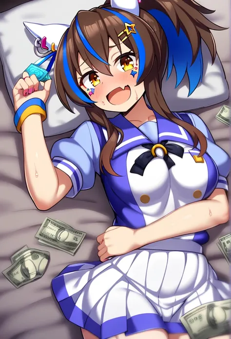 1Girl, daitaku helios(umamusume), (umamusume), umamusume, sweat, steam,,smile, skin fang, ponytail , tracenschooluniform, lying,  money, condom, (undersized clothes), prostitution, on bed, looking at viewer, cowboy shot, masterpiece, very aesthetic, recent...