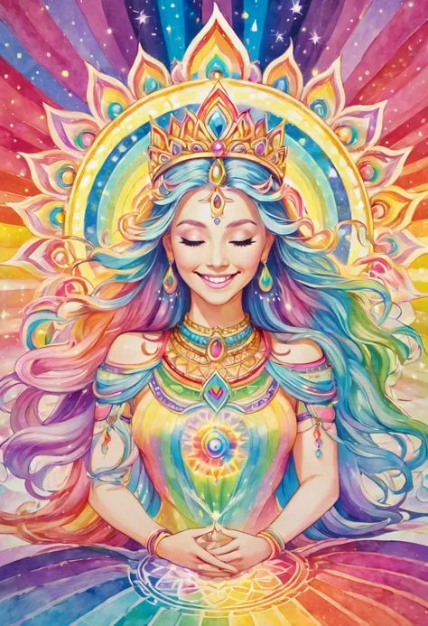 Goddess in the light of a large chakra mandala, crown, smile, meditation, enlightenment, inspiration, shooting star, pastel colored rainbow light