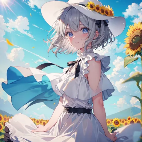 ((((Frilly clothes　Sunflower field))))　(((Gray Hair　short hair　blue eyes　woman　Close-up)))，((Blowing in the Wind　sunlight　sun　cloud))，(Wearing a hat　Black Ribbon　smile)，　Showing teeth　Shining Background　Shining Edges