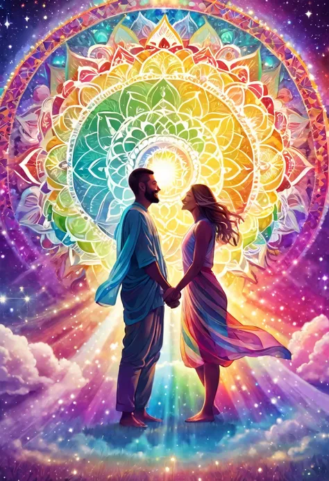 souls of a man and woman in the light of a big chakra mandala, integration, holding hands and smiling, meditation, enlightenment...