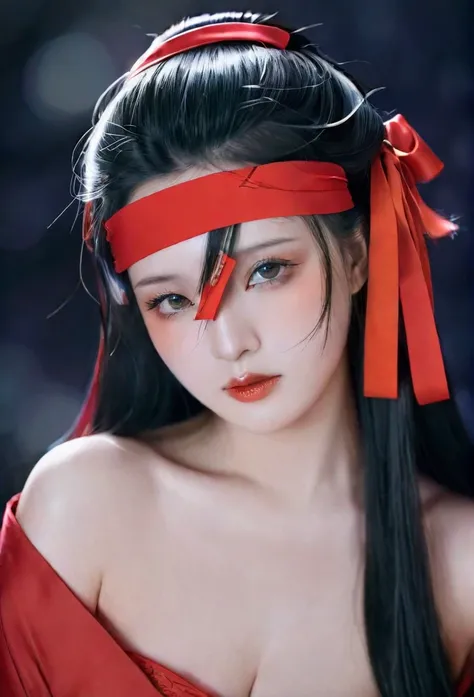 A beautiful woman dressed in red, blindfolded, with long hair draped over her shoulders and a ribbon wrapped around her forehead, is depicted in the style of anime art illustrations in ancient Chinese costumes. She is set in a fantasy world with a dark vib...