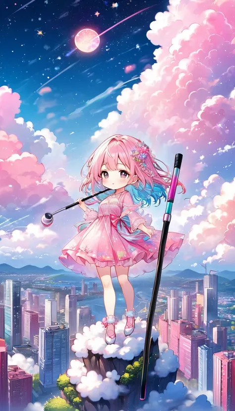 best quality, super fine, 16k, 2.5D, delicate and dynamic depiction, (chibi, cute  in dress holding cane standing on high ground), city in the sky above the clouds, clouds in vivid and pastel colors, city of modern buildings, beautiful blend with nature, r...