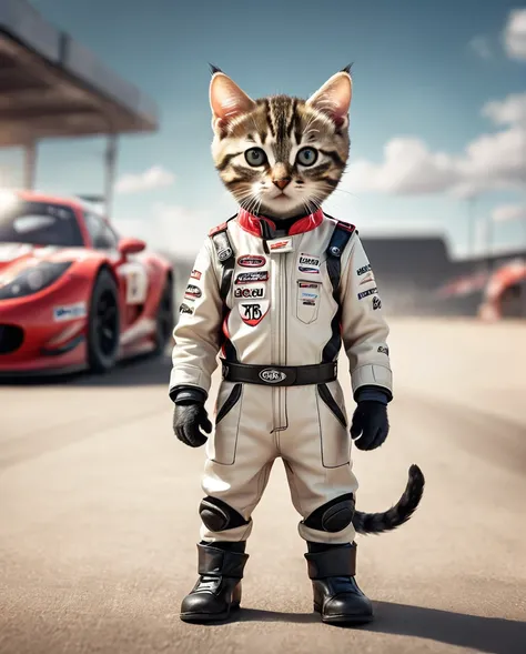 Kitten dressed as a racing driver　Full Body Shot　Looking straight at the camera　Standing