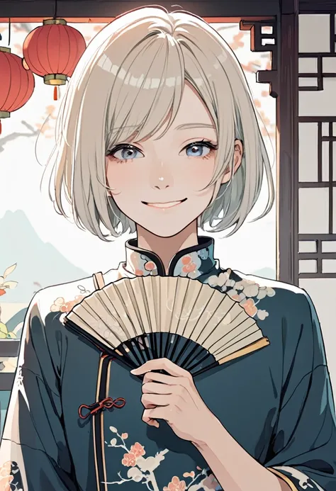 (masterpiece, beautiful, high resolution), illustration, 1 boy, portrait, Smile, Light color anime short hair, Lovely,young people, Chinese style clothing， Looking at the audience,Holding a fan to cover half of the face， Light colors, daytime, ((front: 3))...